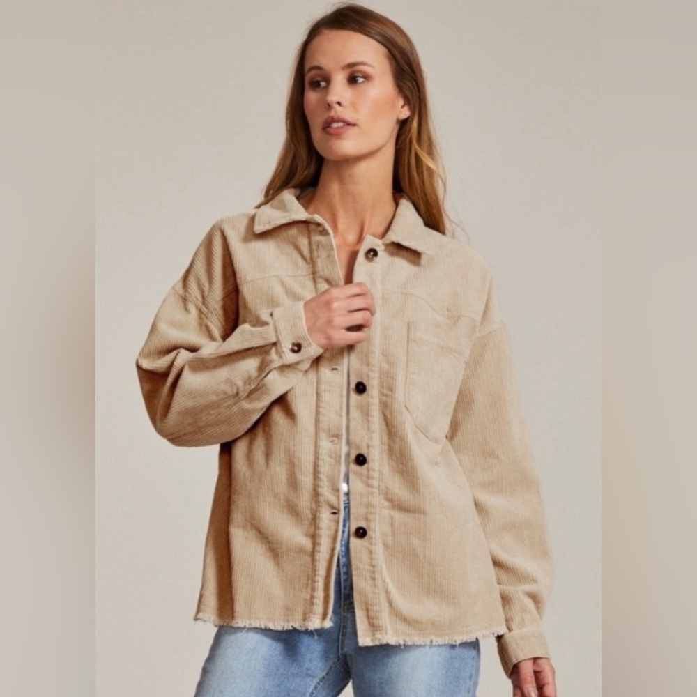 New Fall Lightweight Corduroy Shacket With Raw  Hem